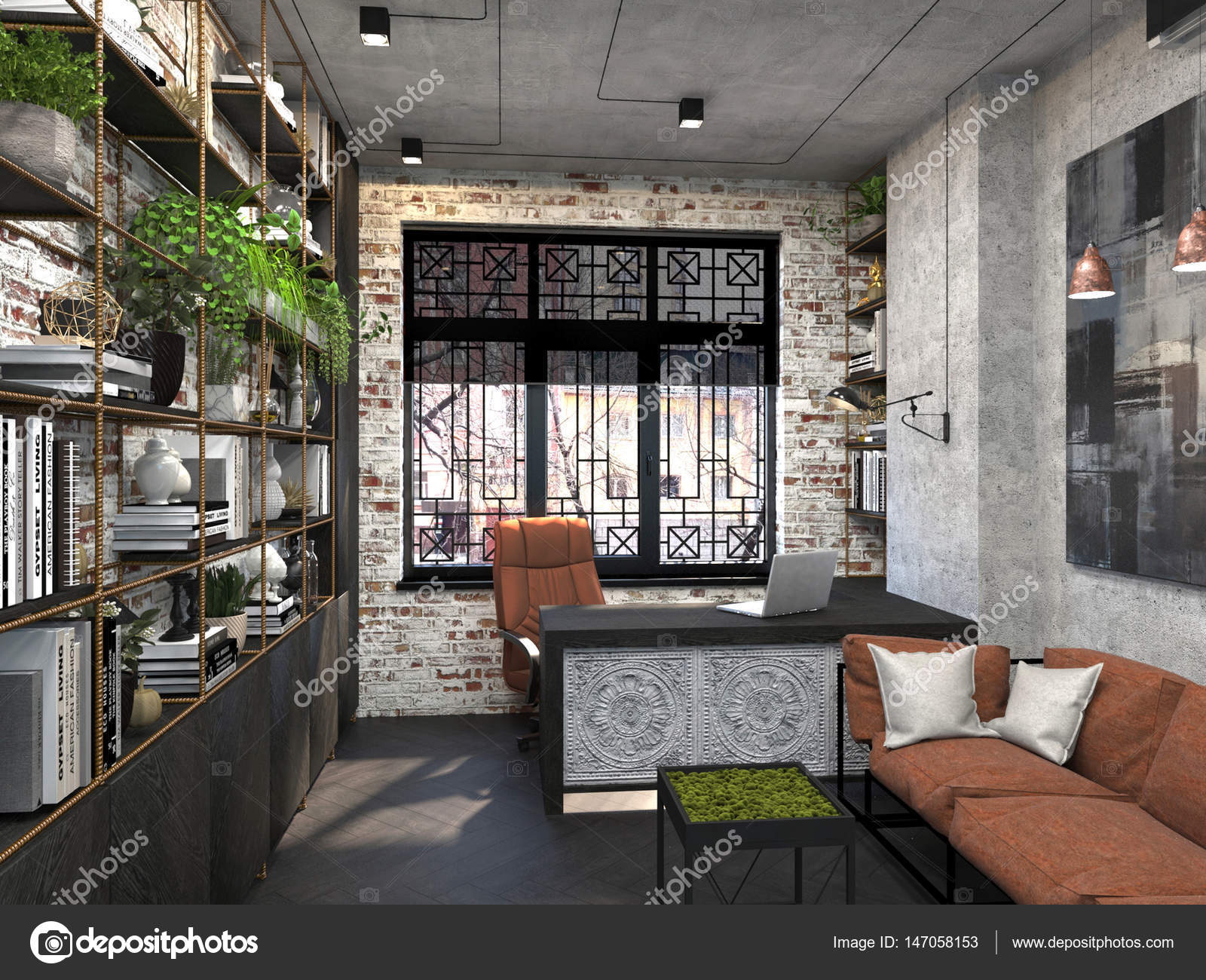 Interior Design Of The Study In The Office For The Head In The Loft Style 3d Visualization Of The Cabinet Stock Photo Image By C Jud G 147058153