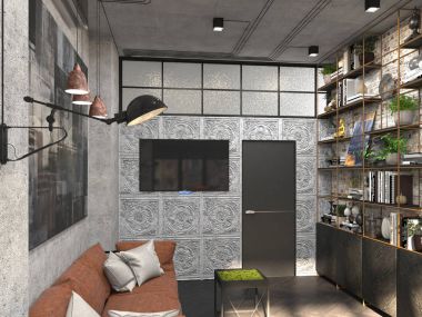 Çatı katı tarzında baş ofiste çalışmanın iç tasarım. kabine 3D görselleştirme.