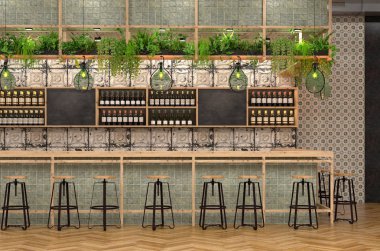 Çatı katı tarzında çubuğunun modern tasarım. bir kafe bar ile iç 3D görselleştirme counter vintage ve Provence ayrıntıları.