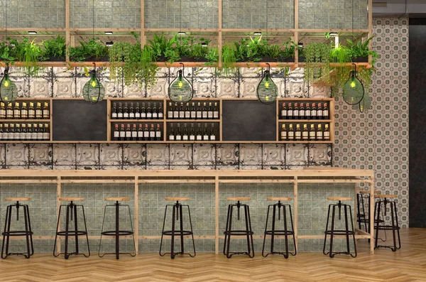 Modern design of the bar in loft style. 3D visualization of the interior of a cafe with a bar counter with vintage and Provence details. — Stock Photo, Image