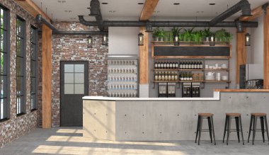 Çatı katı tarzında çubuğunun modern tasarım. 3 boyutlu görselleştirme bir kafe bar ile iç sayaç.