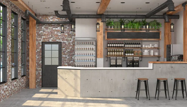 Modern ontwerp van de balk in loft-stijl. 3D visualisatie van binnenlandse zaken van een café met een bar toonbank. — Stockfoto