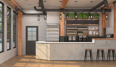 Çatı katı tarzında çubuğunun modern tasarım. 3 boyutlu görselleştirme bir kafe bar ile iç sayaç.