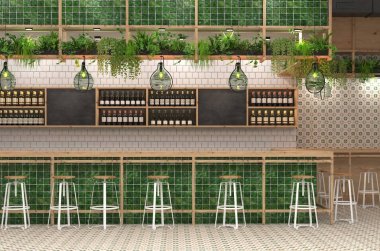 Çatı katı tarzında çubuğunun modern tasarım. 3 boyutlu görselleştirme bir kafe bar ile iç sayaç.