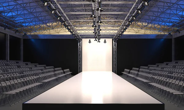 Interior del auditorio con podio vacío para desfiles de moda. Pasarela de moda antes del comienzo de la exhibición de moda. Visualización 3D . — Foto de Stock