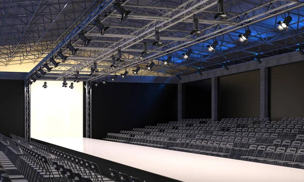 Interior of the auditorium with empty podium for fashion shows. Fashion runway before beginning of fashionable display. 3D visualization. — Stock Photo, Image