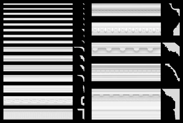 Conjunto de cornisas y frisos aislados sobre fondo negro. Visualización 3D de estuco de yeso. Textura perfecta del clásico zócalo blanco . — Foto de Stock