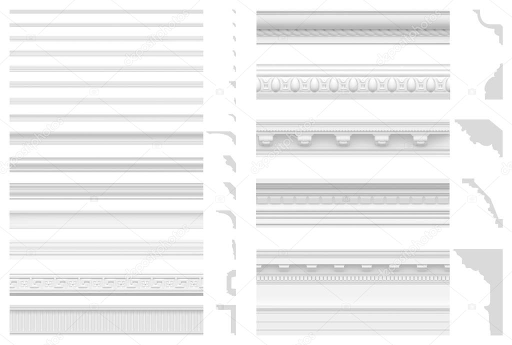 Set of cornices and friezes isolated on white background. 3D visualization of gypsum stucco. Seamless texture of classic white plinth.