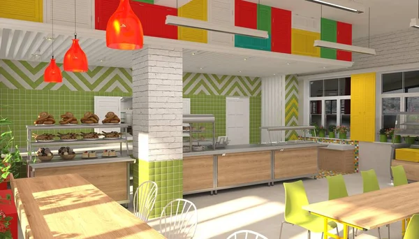 Interieur van de school children's kantine. 3D visualisatie van eetzaal voor schoolkinderen. — Stockfoto