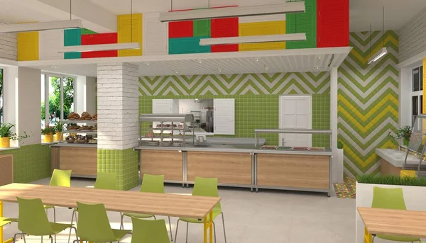 Interior da cantina de crianças da escola. Visualização 3D da sala de jantar para escolares . — Fotografia de Stock