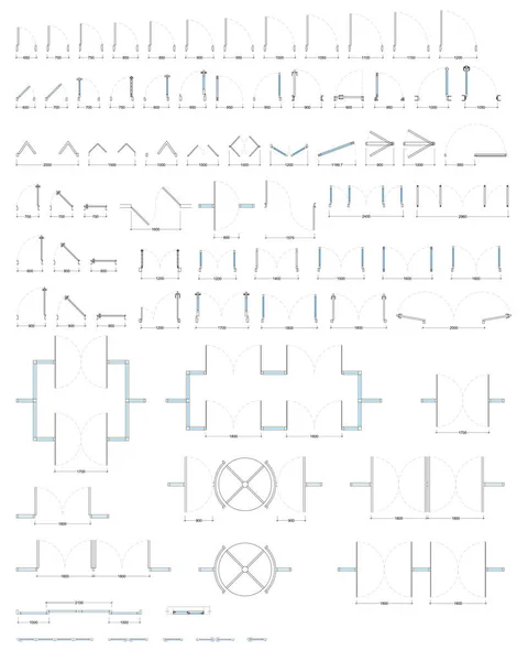 平面図の寸法で別のドアや窓のセットです。ベクトル描画します。分離のドア上部に表示します。建築計画. — ストックベクタ