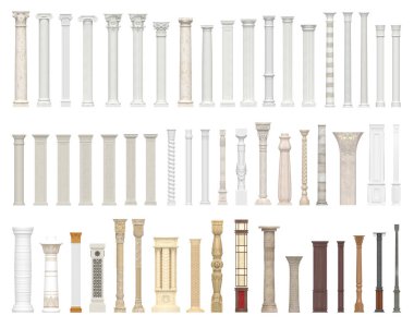 A set of columns and pillars of different styles. Architectural warrant isolated on white background. 3D visualization. clipart