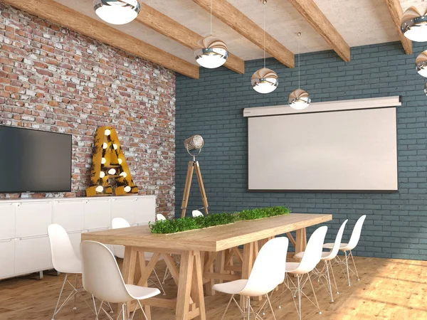 Een Vergaderzaal Met Een Leeg Wit Scherm Voor Projector Aan — Stockfoto