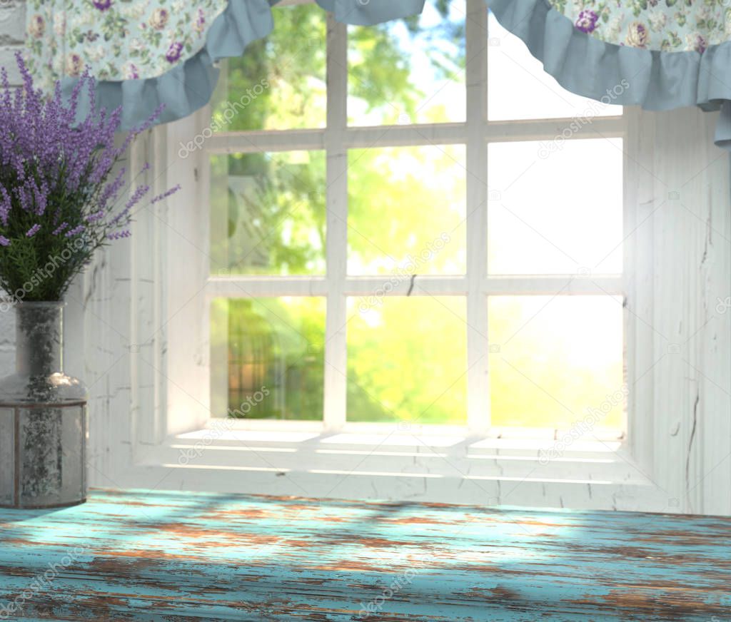 A wooden table top with a blue color and vase of lavender in front of blurred background of a window with a green garden behind the glass. Interior in the Provence style. For montage product display.