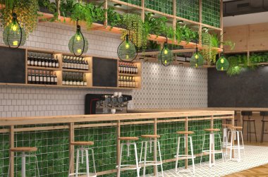 Loft tarzı yeşil renk çubuğunun modern tasarım. 3 boyutlu görselleştirme bir kafe bar ile iç sayaç. Alan derinliği ile arka plan bulanık.