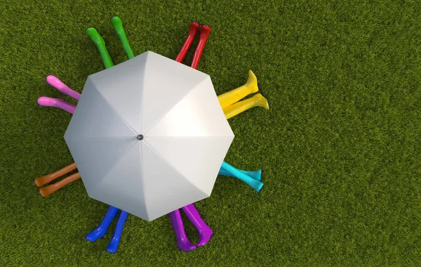 Viele Freunde in bunten Gummistiefeln sitzen bei regnerischem Wetter auf dem grünen, mit Gras bedeckten Rasen unter einem weißen Regenschirm. Ansicht von oben. Illustration mit Kopierraum. 3D-Darstellung — Stockfoto