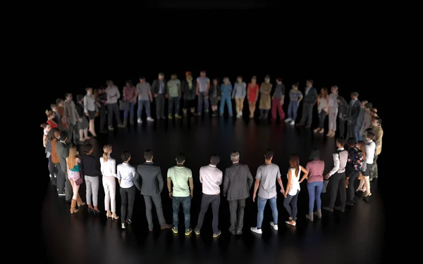 A group of different people stand in a circle isolated on a black background. A social event or public meeting with an empty stage for a performance. 3D rendering