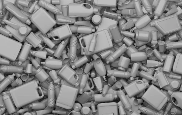 Rubbish dump of used containers and plastic bottles painted in gray on a gray background. Creative conceptual composition on the topic of sorting and processing waste and environmental pollution