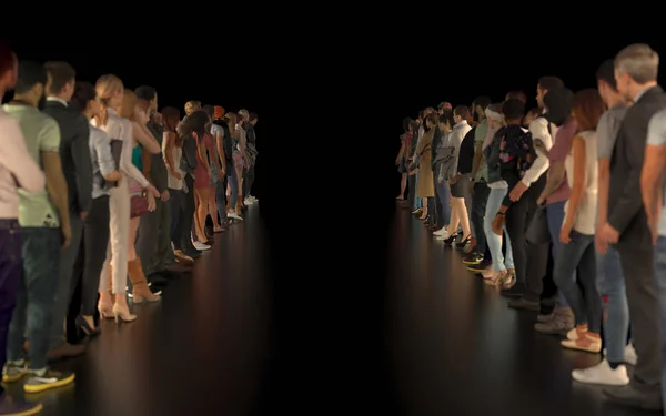 Many people lined up in a row forming a corridor. The crowd is waiting for some event, performance or fashion show. Empty track or podium on a black background. 3D rendering with copy space