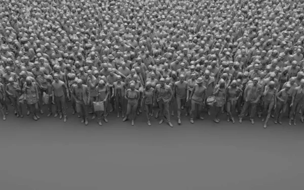 Gray faceless crowd of people on a gray background. Large bleached group of people in monochrome color. 3D rendering with copy space. High angle view — Stock Photo, Image