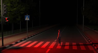 Bir yaya gece kırmızı ışıkta ışıksız bir caddede karşıdan karşıya geçer. Bir adam yol kurallarını çiğniyor ve yolda acil durum yaratıyor. 3d oluşturma