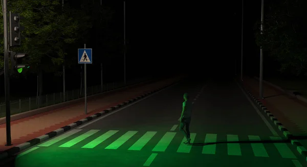 Peatón Cruza Calle Una Calle Desiluminada Por Noche Luz Verde — Foto de Stock