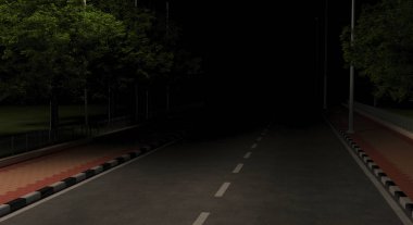 Gece şehrinde karanlık, boş bir otoban. Yolda görüş mesafesi düşük. İnsanların ve arabaların olmadığı aydınsız bir sokak. Çift yönlü trafik. 3d oluşturma