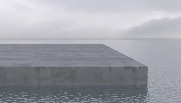 A large concrete block pier lies on the surface of the sea or ocean in cloudy weather. Empty area, platform or podium on the calm water. Conceptual illustration with copy space. 3D rendering