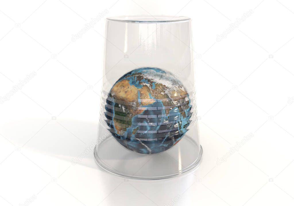 Planets Earth is covered with a plastic cup. Environmental pollution by toxic waste. The planet is suffocating and doomed to death due to garbage. Conceptual creative illustration. 3D rendering