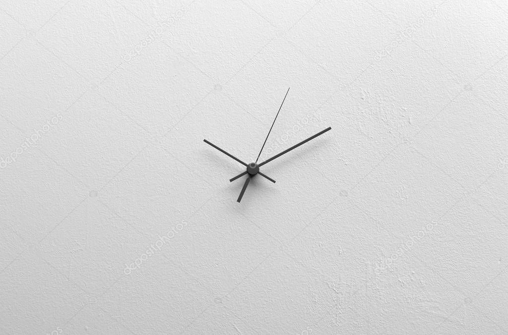 Clock hands on a blank dial without numbers on a white background. Creative conceptual illustration with copy space. 3D rendering