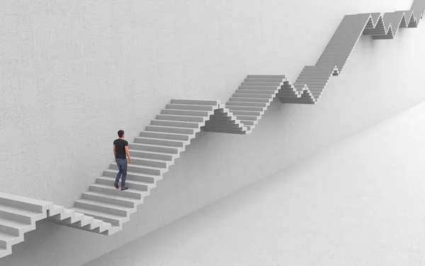 An ambitious man is walking up the stairs to his purpose rising up and down. Hard way to success on a career ladder. Conceptual creative illustration with copy space. 3D rendering. — Stock Photo, Image