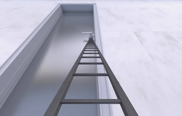 Drabinka schodowa stojąca przy dużych i wysokich drzwiach biurowych. Widok od dołu do góry. Konceptualna twórcza ilustracja z przestrzenią kopiującą. 3d renderowanie. — Zdjęcie stockowe