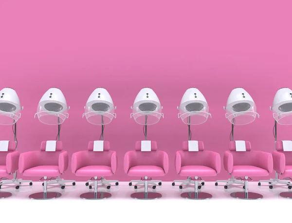 Secadores de cabelo semelhantes com poltronas no interior de um salão de beleza em cores rosa pastel. Cabeleireiro feminino design de interiores. Ilustração de renderização 3D com espaço de cópia — Fotografia de Stock