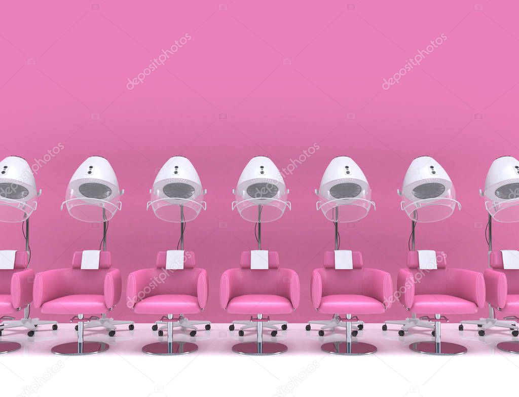 Similar stand hair dryers with armchairs in the interior of a beauty salon in pastel pink colors. Female hairdresser interior design. 3D rendering illustration with copy space