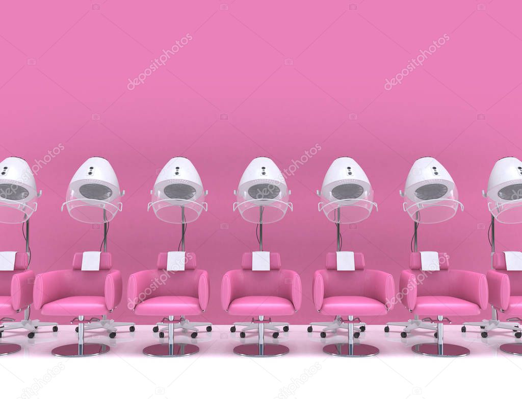 Similar stand hair dryers with armchairs in the interior of a beauty salon in pastel pink colors. Female hairdresser interior design. 3D rendering illustration with copy space.