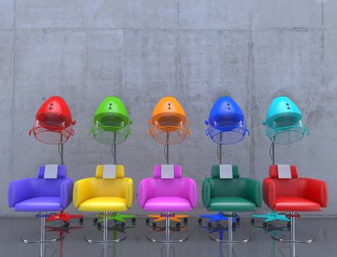 Bir güzellik salonunun içinde koltukları olan renkli saç kurutma makineleri. Saç kurutmak ve şekillendirmek için çok renkli ekipmanları olan bir berber dükkanı. Kopya alanı ile 3d görüntüleme