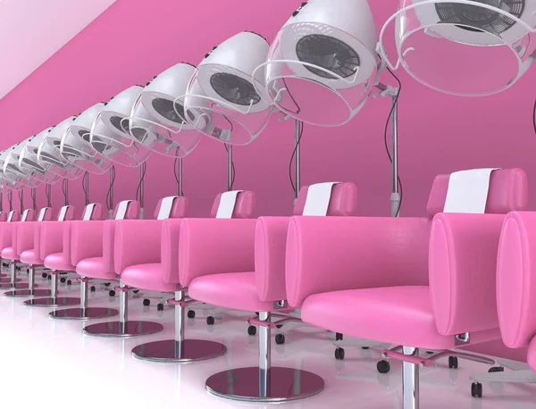 Vergelijkbare standaard haardrogers met fauteuils in het interieur van een schoonheidssalon in pastelroze kleuren. Vrouwelijke kapper interieur ontwerp. 3d weergave illustratie met kopieerruimte. — Stockfoto