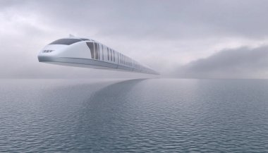 Gelecekçi tren bir hava yolu üzerinde suyun yüzeyinde uçar. Geleceğin uçan nakliyesi. Çevre dostu teknoloji. Kavramsal yaratıcı çizim. Uzayı kopyala 3d oluşturma
