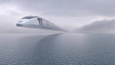 Futuristic train flies over the surface of the water on an air route. Flying transport of the future. Environmentally friendly technology. Conceptual creative illustration. Copy space. 3D rendering clipart