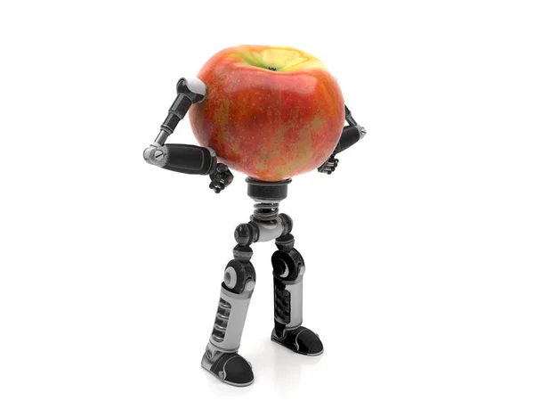 Uma maçã com braços e pernas de ferro. O robô é isolado em um fundo branco. Imagem criativa conceitual com espaço de cópia. Renderização 3D . — Fotografia de Stock
