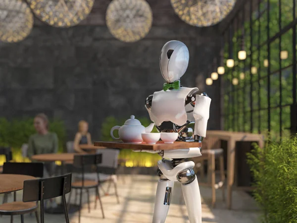 Um garçom robô humanoide carrega uma bandeja de comida e bebidas em um restaurante. A inteligência artificial substitui a equipe de manutenção. O conceito do futuro. Renderização 3D — Fotografia de Stock