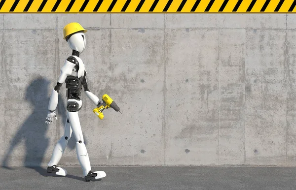 En humanoid robotbyggare i en bygghjälm och en borr i handen går längs en betongvägg. Framtidskoncept med robotteknik och artificiell intelligens. 3d-konvertering. — Stockfoto