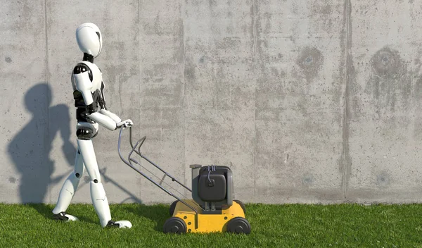 Humanoidalny robot kosi trawę kosiarką. Koncepcja przyszłości z robotyką i sztuczną inteligencją. 3d renderowanie. — Zdjęcie stockowe