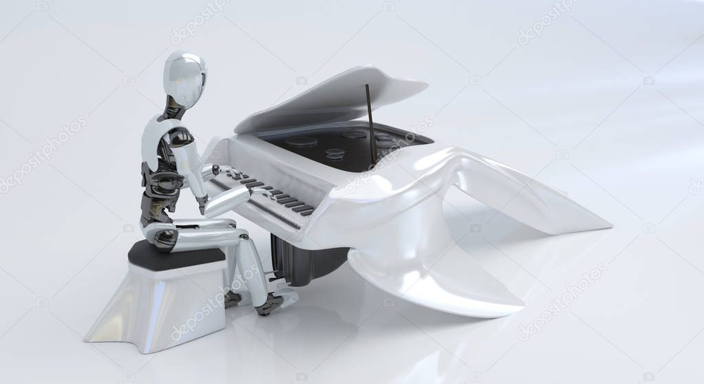 A humanoid robot musician plays the white piano. Future concept with robotics and artificial intelligence. 3D rendering.