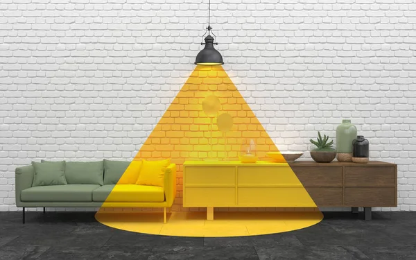 ランプから黄色の光が描かれた白いレンガの壁。壁に装飾が施された創造的なインテリア。家に帰るアイデア。デザインにおける光学的錯覚。3Dレンダリング. — ストック写真
