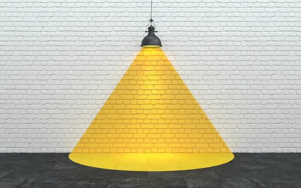 Τοίχος από λευκό τούβλο με δέσμη φωτός κίτρινου χρώματος από λαμπτήρα. Δημιουργικό εσωτερικό με διακόσμηση στον τοίχο. Οπτική ψευδαίσθηση στο σχεδιασμό. Εννοιολογική απεικόνιση με χώρο αντιγραφής. 3d απόδοση. — Φωτογραφία Αρχείου