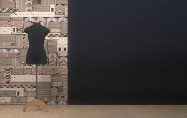 Terzi mankeni olan bir dikiş atölyesi ya da giyim mağazası ve kopyası için yeri olan boş siyah bir duvar. Sunumlar ve gösteriler için şık bir stüdyonun odası. 3d oluşturma