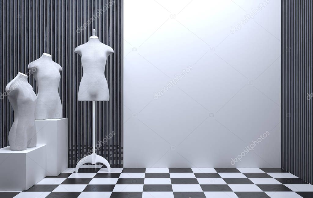 Interior of a sewing workshop or clothing store with a tailor mannequin. White wall showcase with copy space. The room of a fashionable studio for presentations and shows. 3D rendering