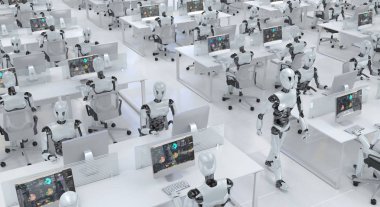 Ofiste bilgisayarlı masalarda oturan birbirinin aynısı birçok klon robot çalışıyor. Akıllı robot teknolojisi ve yapay zekası olmayan gelecek konsepti. 3d oluşturma