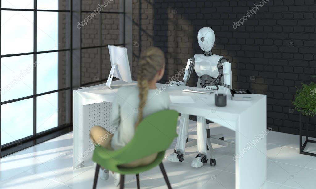 The robot is interviewing a woman in a modern office. Human communication with robotics. Future concept with smart robotics and artificial intelligence. 3D rendering